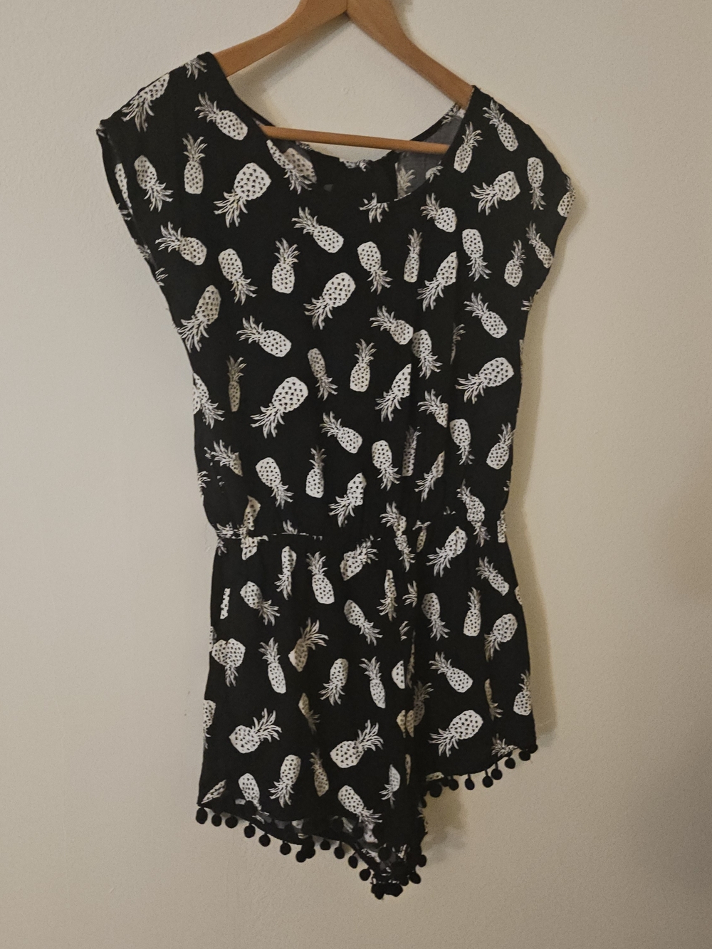 Girls Black Pineapple-Print Pom Trim Romper